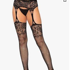 Leg Avenue Women's Lace Top Fishnet Stockings with Attached Garter Belt